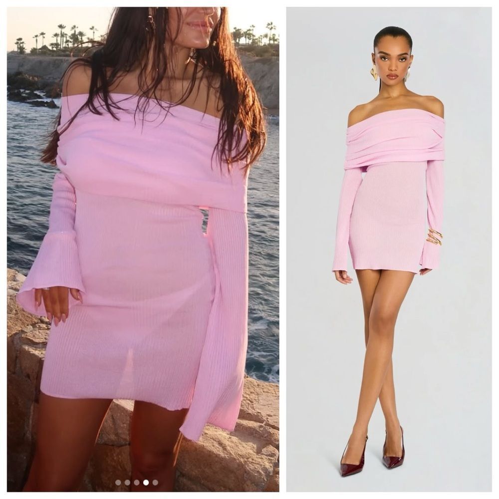 NEW SER.O.YA Mini Dress Pink Knit Galli Off Shoulder Long Sleeve size M